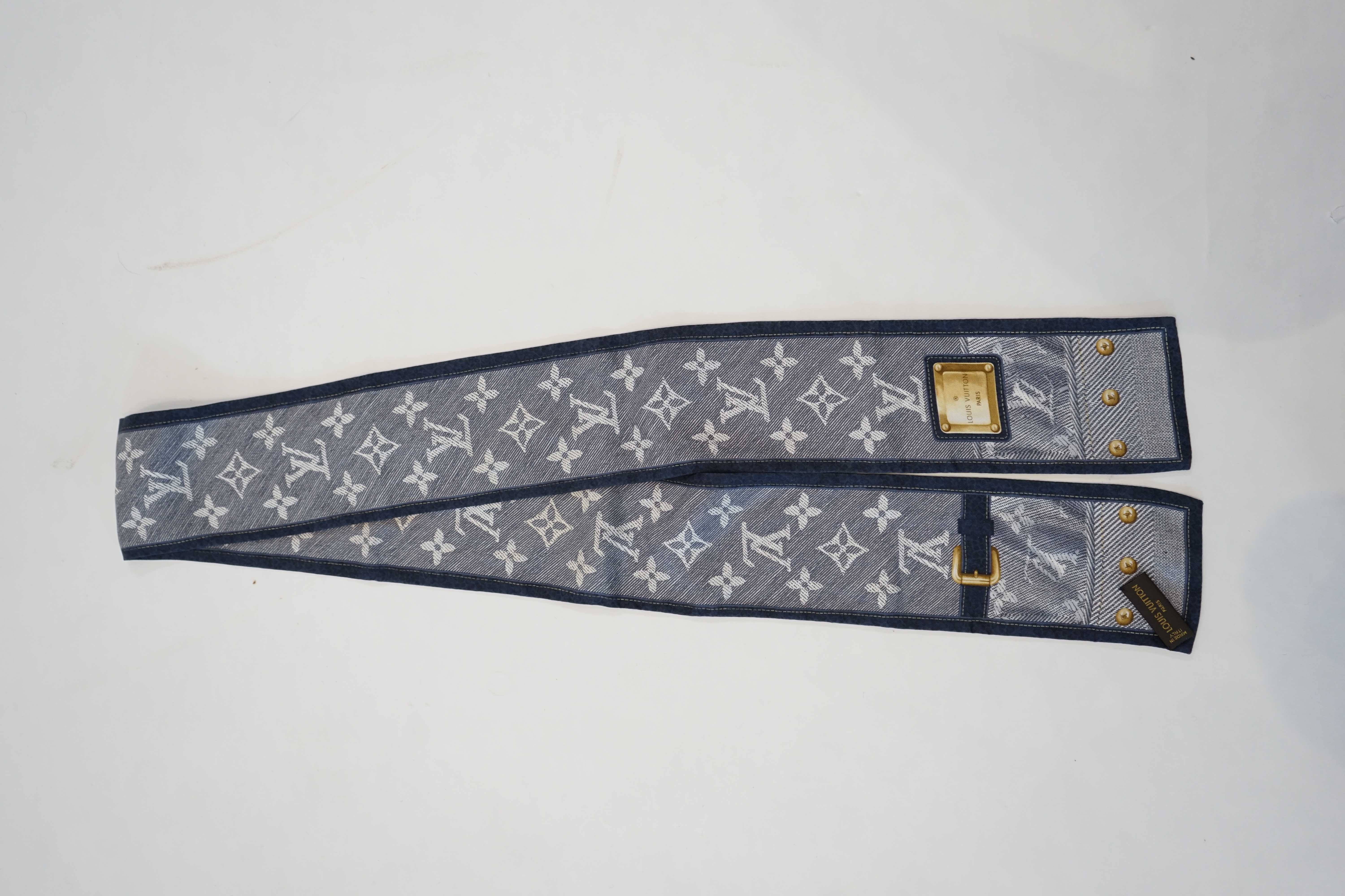 A Louis Vuitton Paris Monogram Ebene silk denim bandeau scarf, 114cm x 8cm